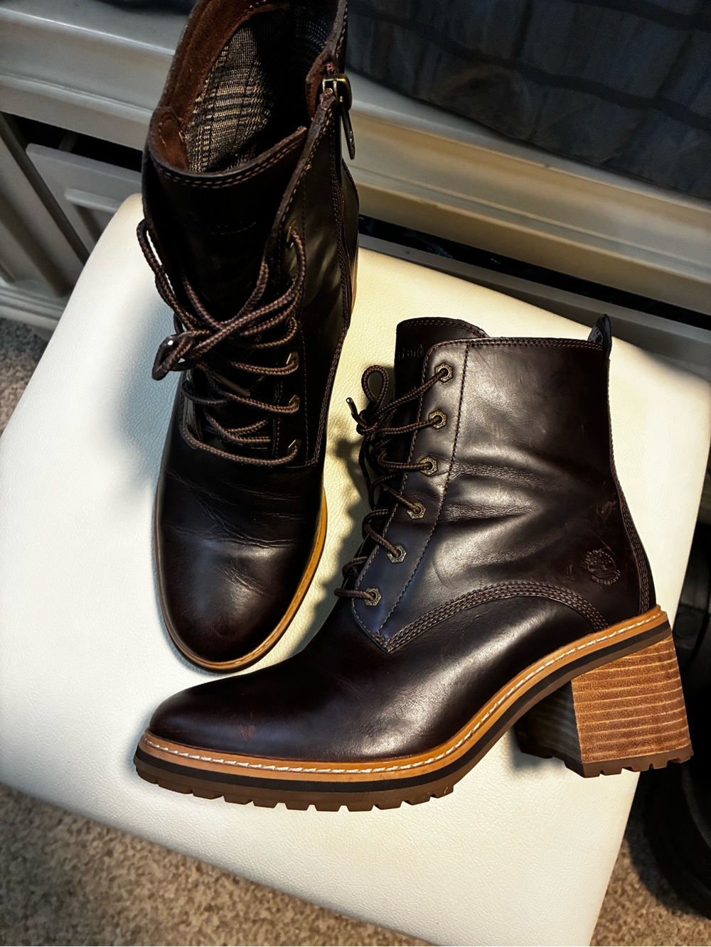 Timberland Dark Brown Leather Lace-Up Block Heel Boots